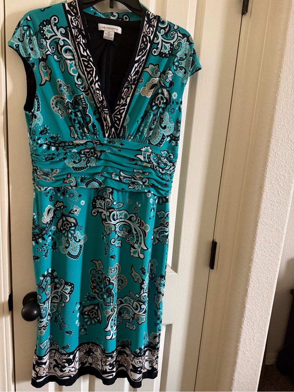 Liz Claiborne Teal Paisley V-Neck Midi Dress